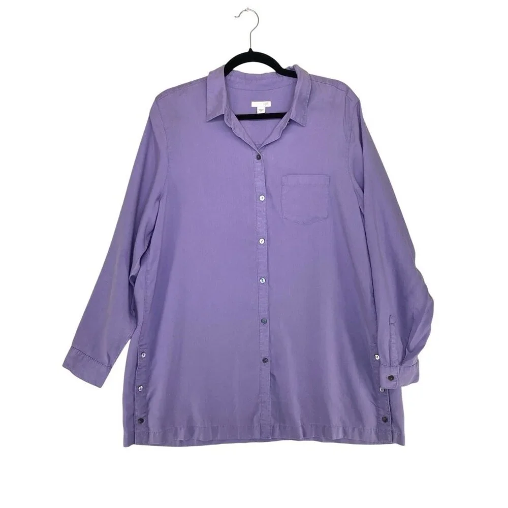 J Jill Blouse Women’s Sz Medium Long tall Purple Button Down Tencel Button Down